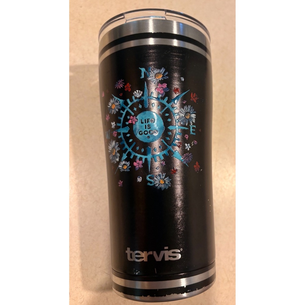 Life Is Good Tervis  20oz Floral Compass Stainless‎ Steel Travel Mug Black